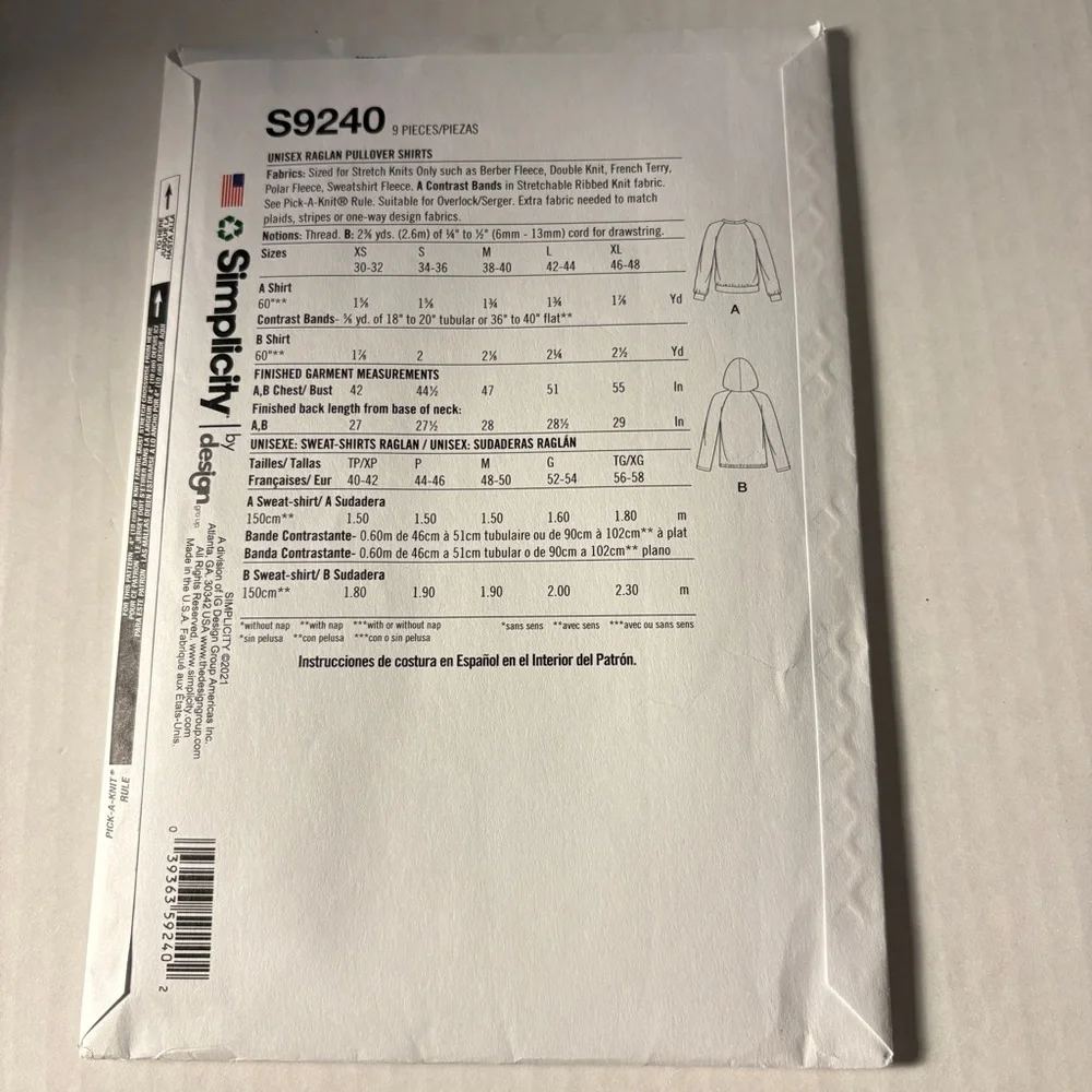 Simplicity Pattern S9240 for Unisex Raglan Pullover Shirts